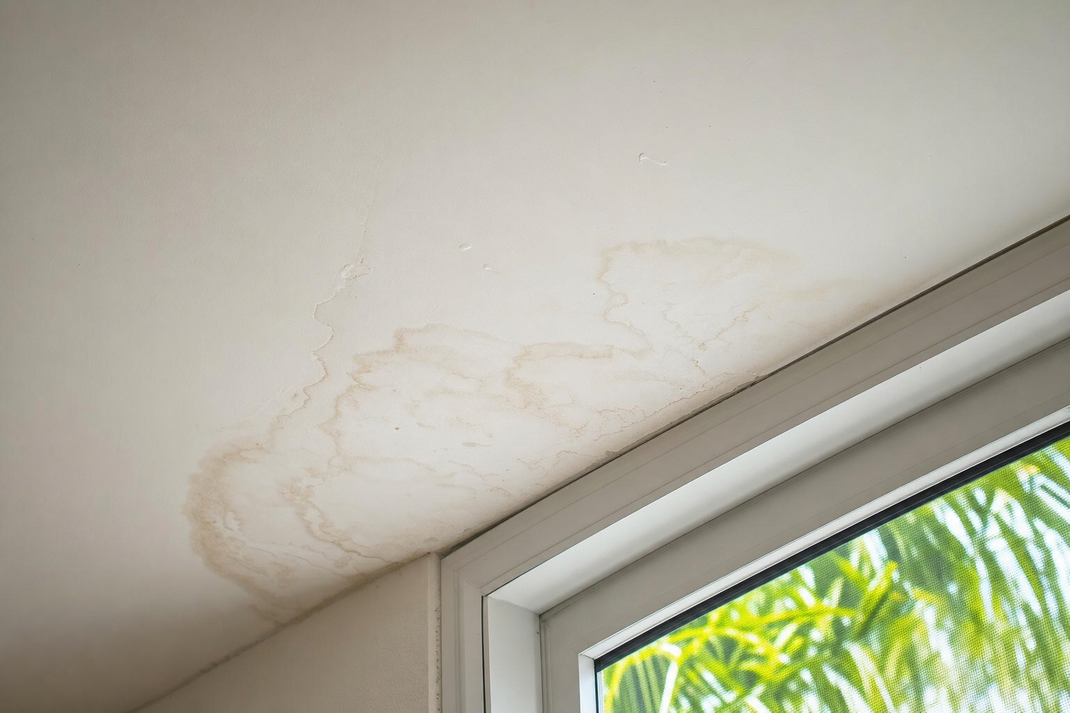 close-up documentary photo of water staining on a white ceiling near a window inside a South Florida home, soft natural light, realistic homeowner POV, no people, no text