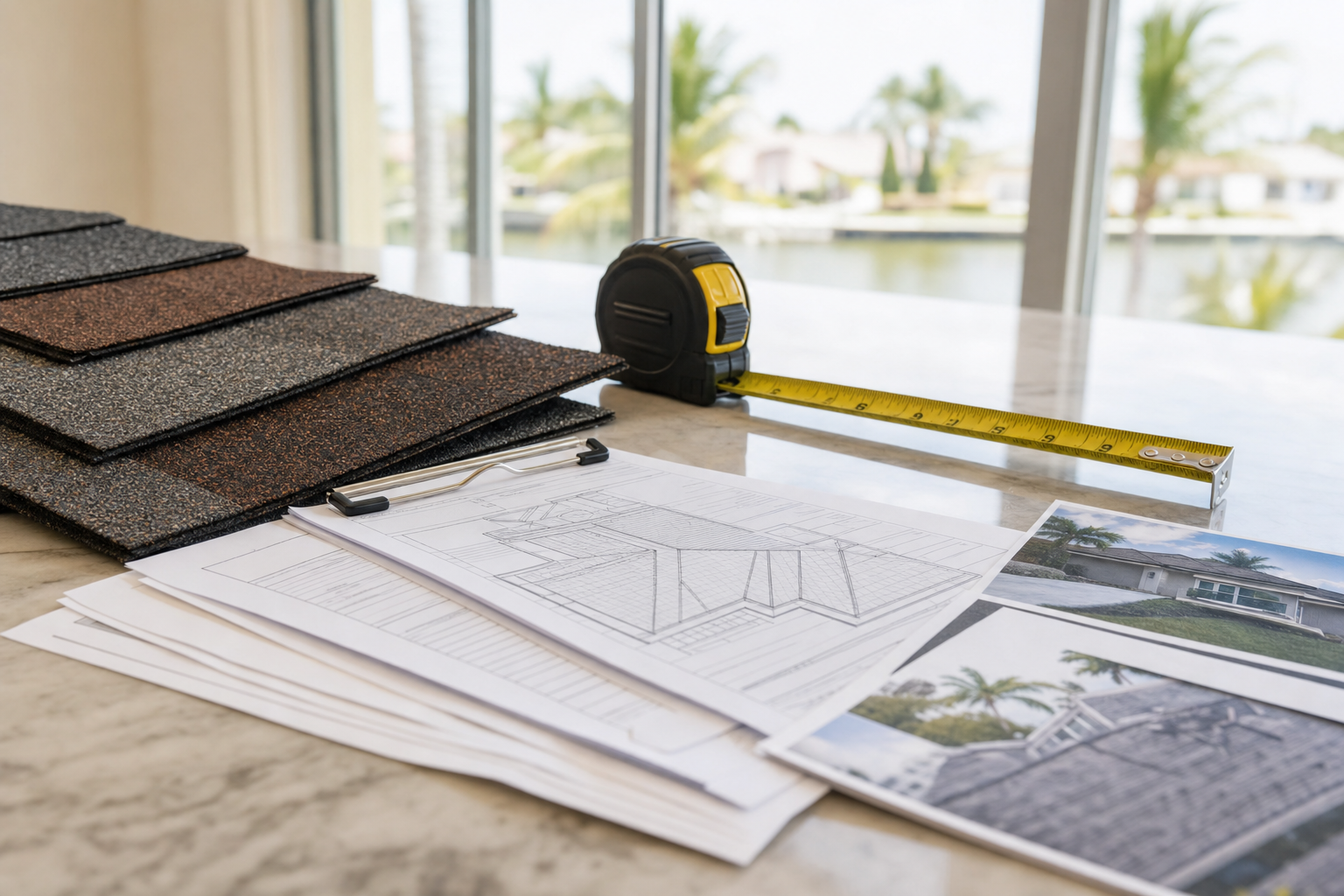 close-up realistic photo of roofing product approval paperwork, roof plans, measuring tape, and shingle samples on a clean table in a South Florida home, natural window light, no readable text