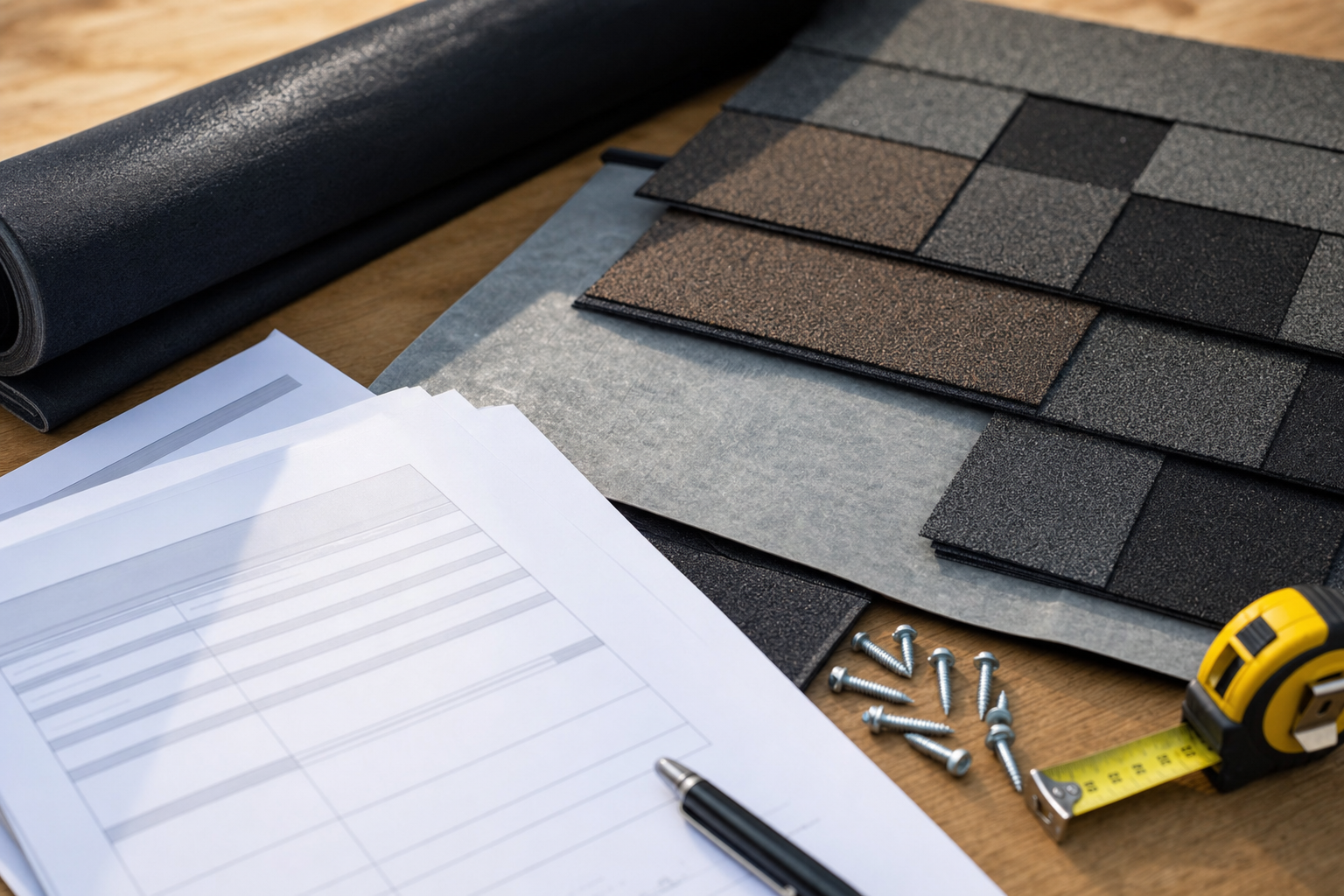 primer plano realista de documentos de aprobación de materiales de techo sobre una mesa de trabajo, junto a muestras de teja asfáltica, tornillos, membrana/base y cinta métrica, luz natural, sin marcas legibles, sin texto