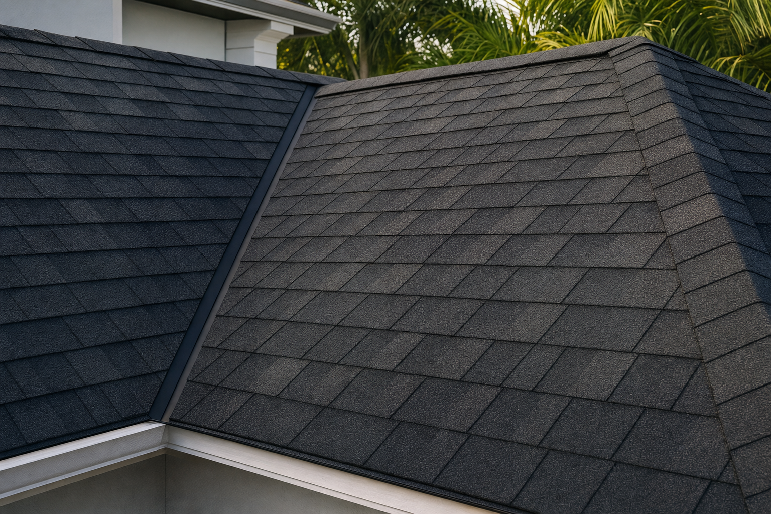 close-up real-estate style photo of charcoal architectural asphalt shingles on a South Florida roof plane, crisp shingle edges, clean valleys, warm natural light, no people, no text