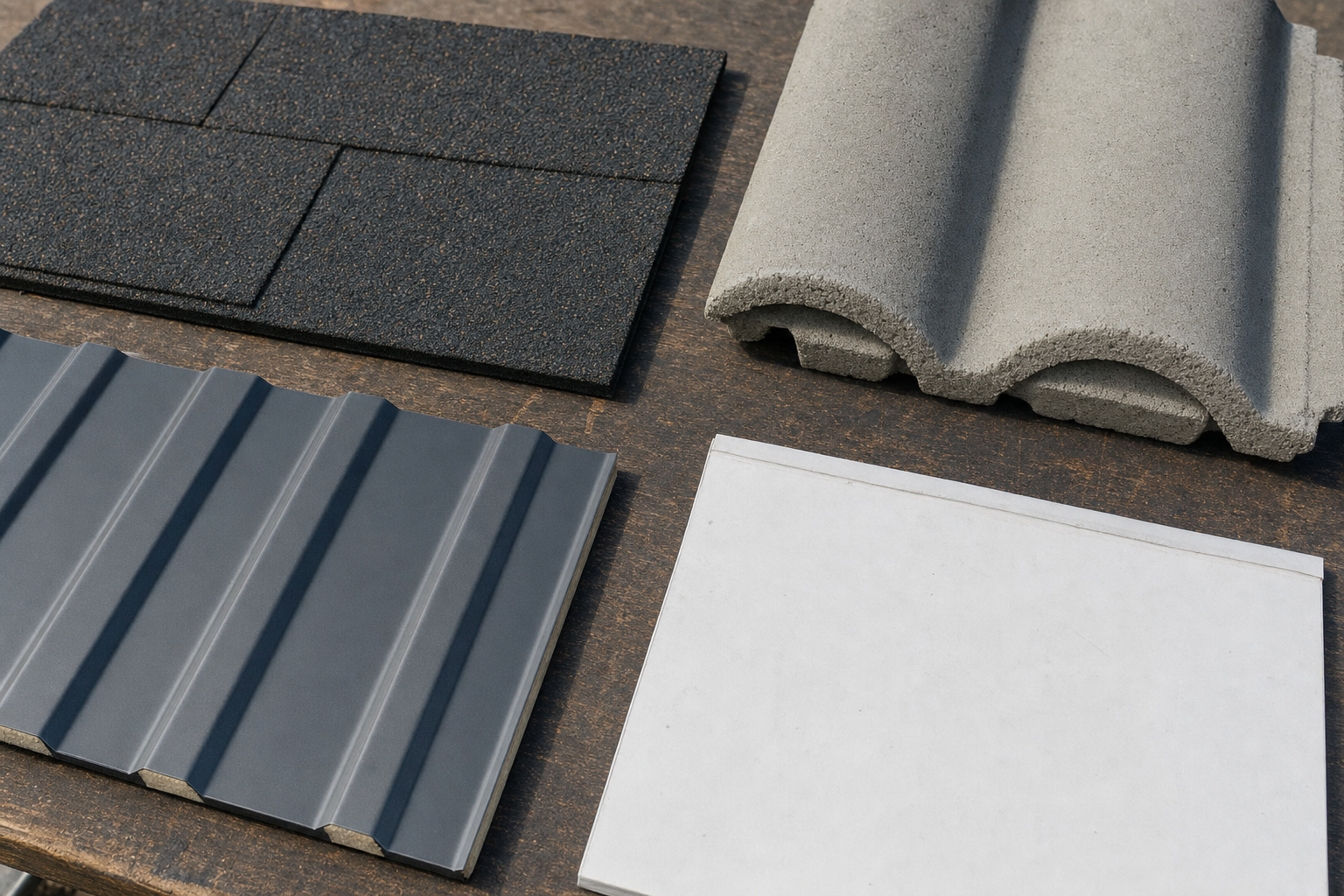 close-up documentary photo of asphalt shingles, concrete roof tile, metal roofing panel, and white flat-roof membrane samples on a contractor table, natural light, no text