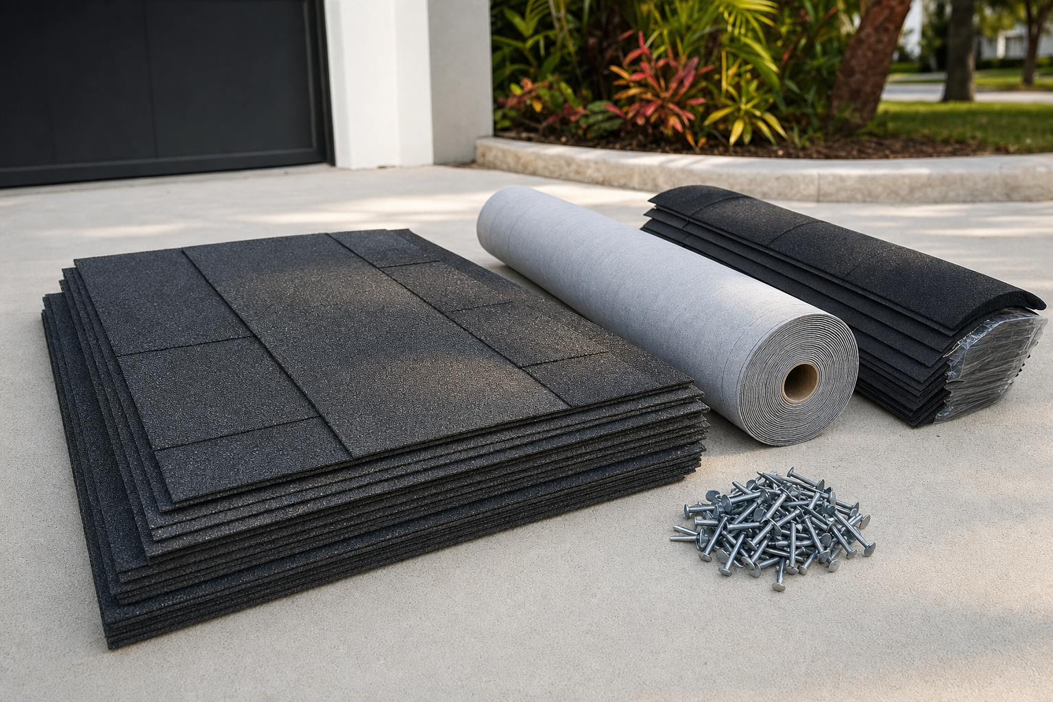 close-up documentary photo of roofing materials laid out on a clean driveway in Miami, asphalt shingles, underlayment roll, ridge cap bundle, roofing nails, warm natural light, no people, no text