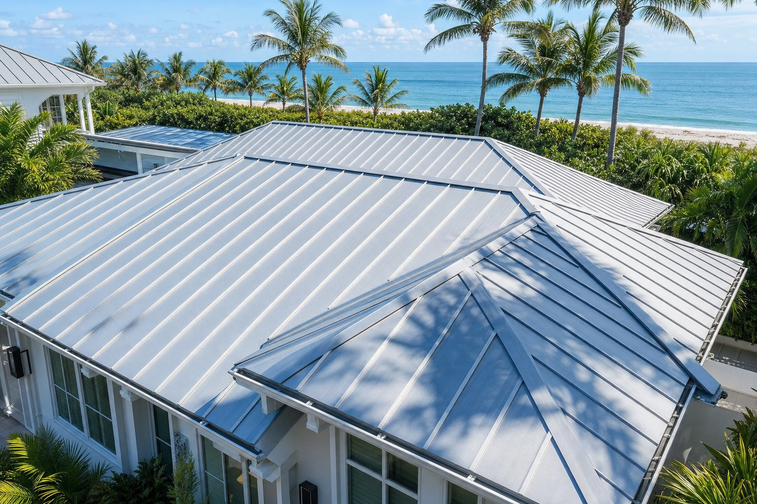 realistic photo of a standing seam metal roof on a coastal South Florida home with palm shadows and bright sun, property-focused angle, no people, no text