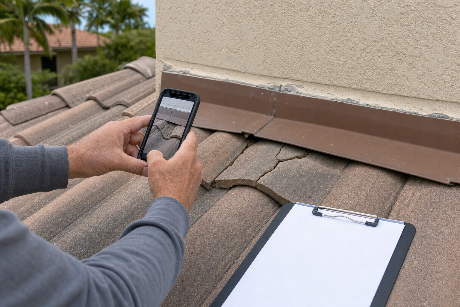 documentary photo of a roofing inspector's hands photographing cracked roof tile and flashing detail with a phone and clipboard nearby, South Florida home exterior, no visible logo, no text