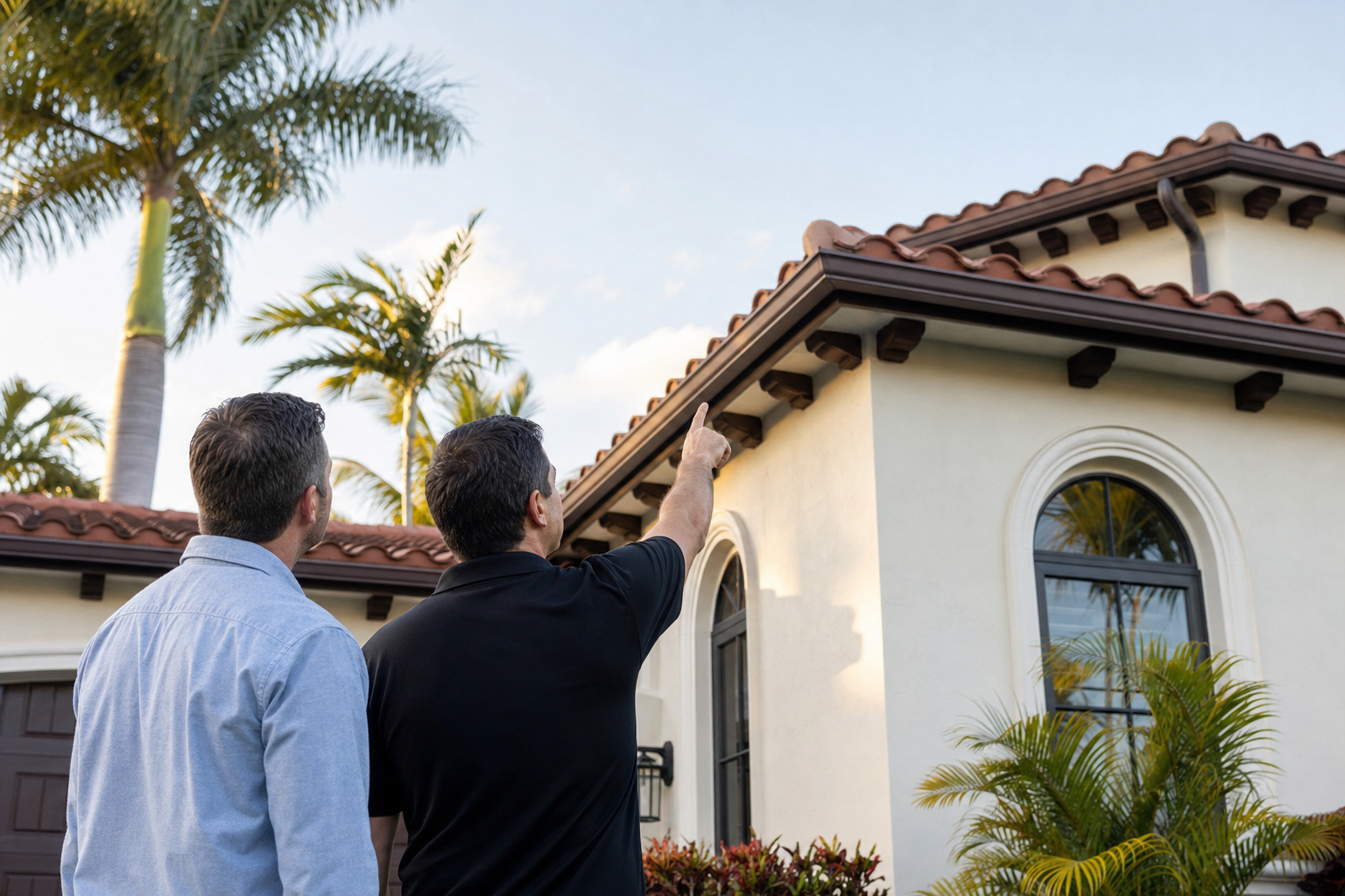 fotografía documental de una inspección de techo desde el suelo en una casa de Miami, contratista con polo sólido negro sin logotipo visible señalando hacia la línea del techo junto a propietario, luz de tarde, sin texto en la imagen