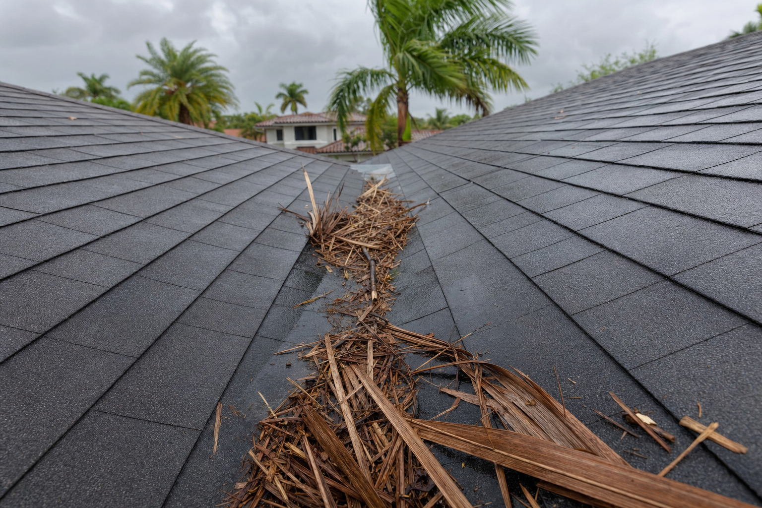 realistic photo of wind-blown palm debris near a South Florida residential roof valley after a storm, damp roof surface, cloudy afternoon light, no people, no text