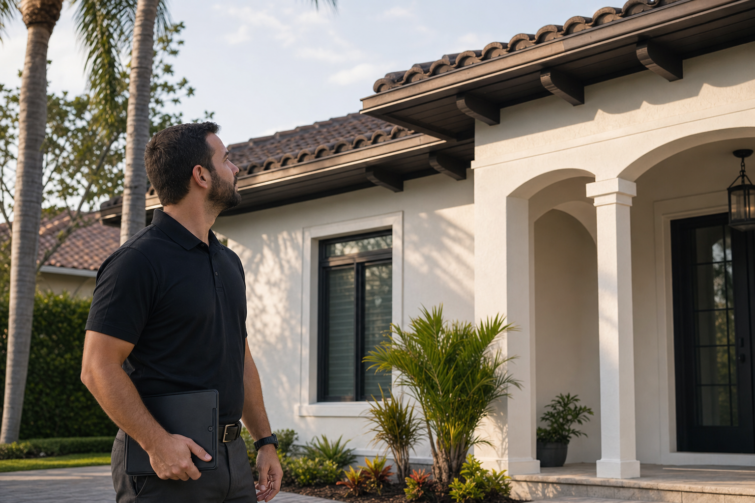 documentary medium shot of a Duke Contractors roofing consultant standing on the ground in front of a Miami home and looking up at the roofline, plain solid black polo with no visible logo or wordmark, professional and approachable mood, late afternoon light