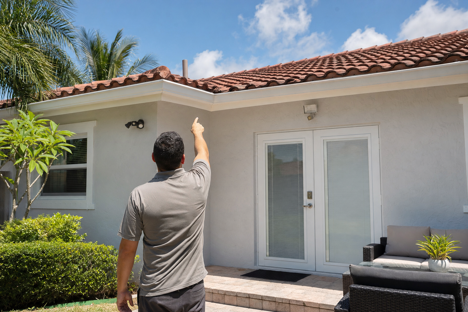 foto documental de una inspección de techo desde el suelo en una vivienda de Miami, persona señalando la línea del techo desde el patio, ropa neutra sin logotipos, techo visible al fondo, tarde soleada, sin texto