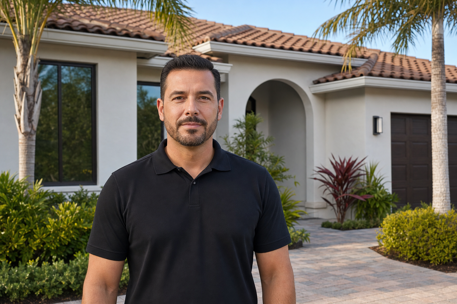 documentary medium shot of a roofing consultant standing on the ground in front of a Miami home, plain solid black polo with no visible logo or wordmark, chest fully visible facing camera, professional calm expression, afternoon light, no roof-edge work shown