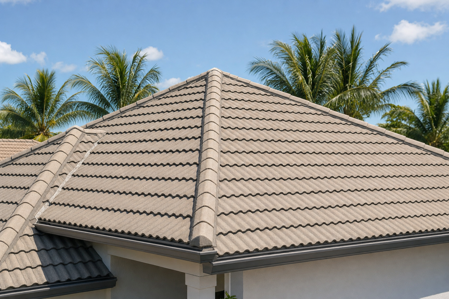 realistic photo of a South Florida concrete tile roof with clean ridge lines and palm trees in background, bright but natural daylight, no people, no text