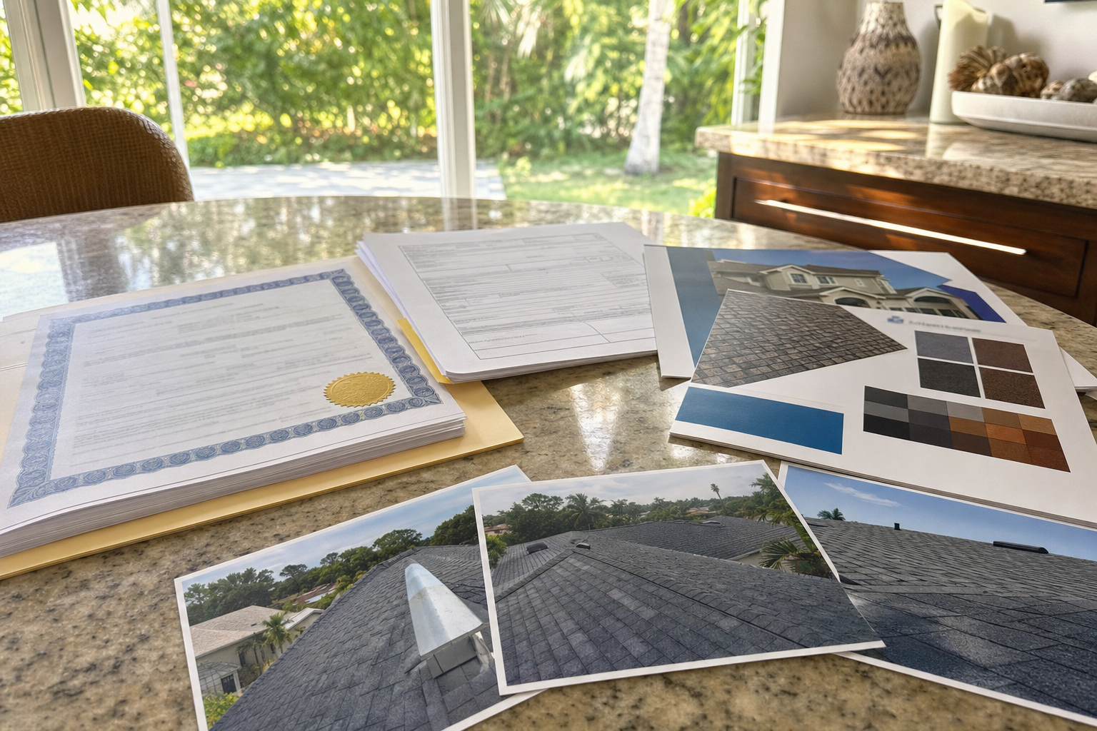 realistic homeowner POV photo of roof warranty paperwork, permit copy, product brochures, and inspection photos arranged on a kitchen table, South Florida daylight through window, no readable text