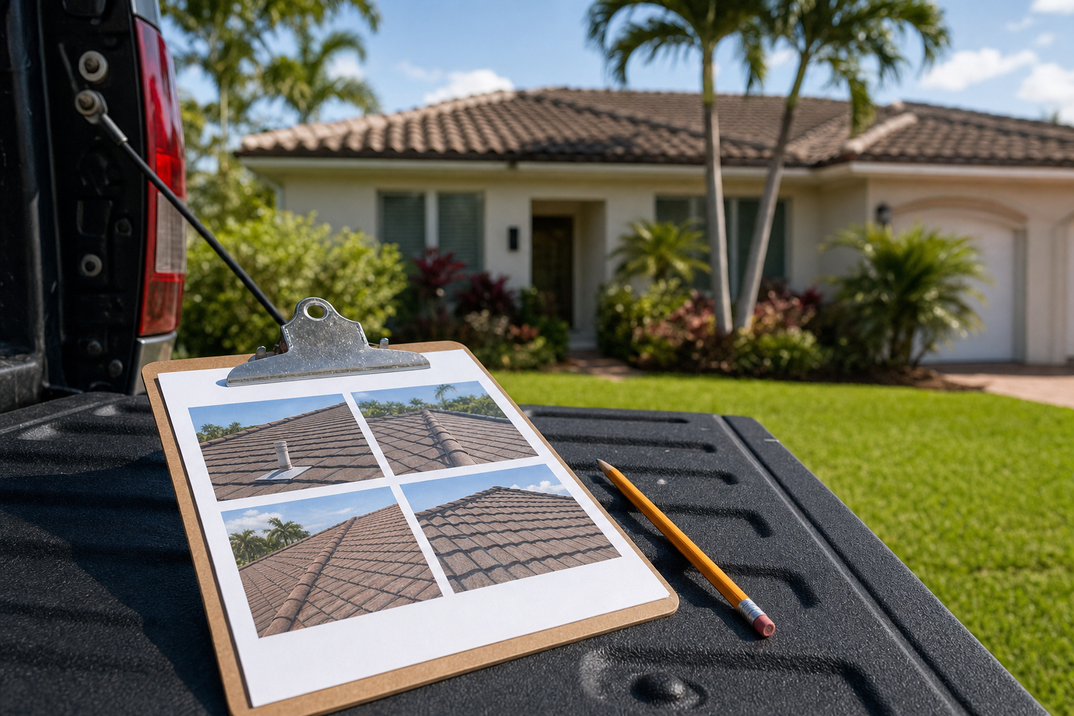 documentary close-up of a roofing inspection clipboard with printed roof photos and a pencil on a truck tailgate, South Florida home blurred in background, bright daylight, no logos, no text
