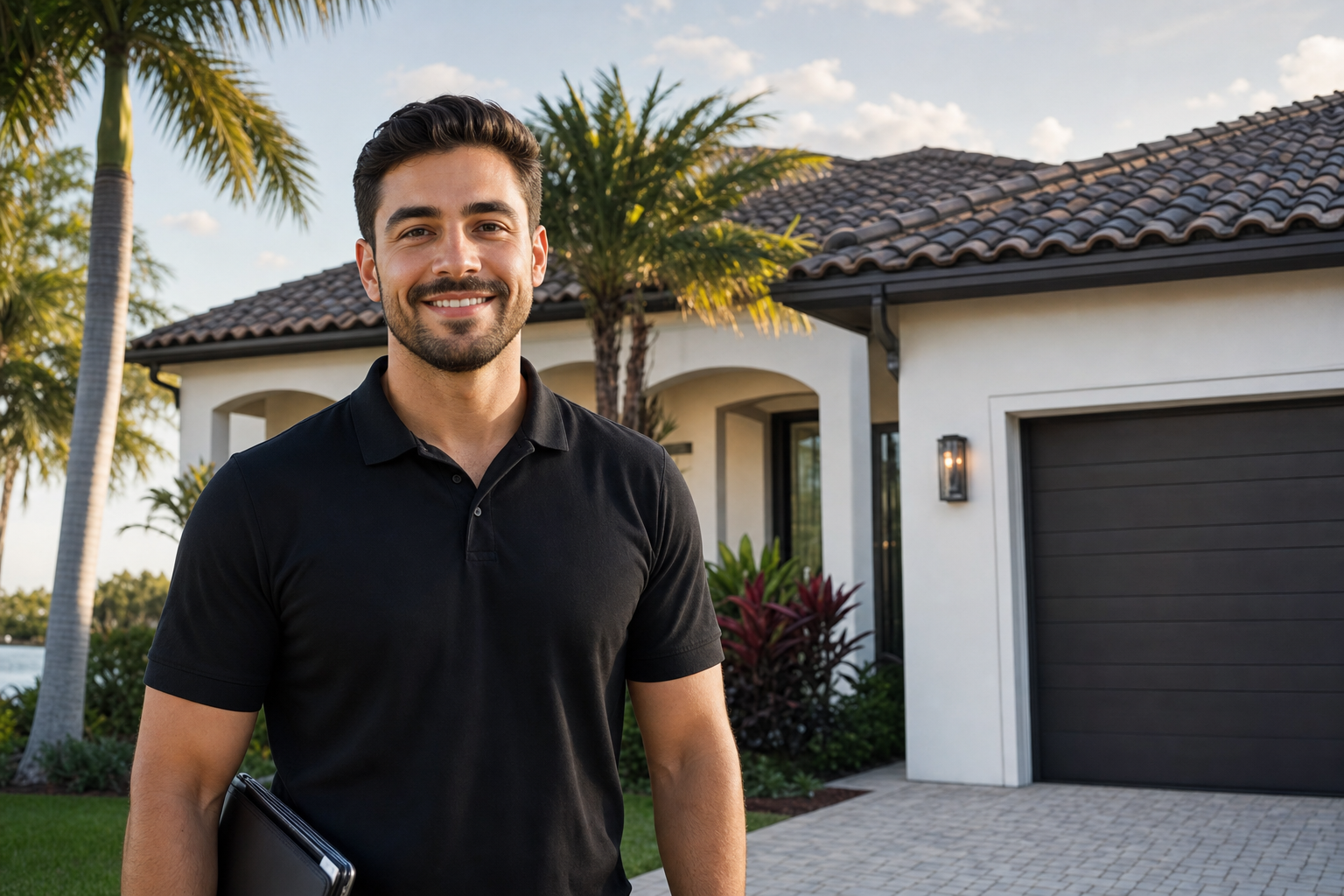 documentary medium shot of a Duke Contractors roofing representative standing on the ground in front of a Miami home, plain solid black polo with no visible logo or wordmark, professional and approachable mood, late afternoon light, no text