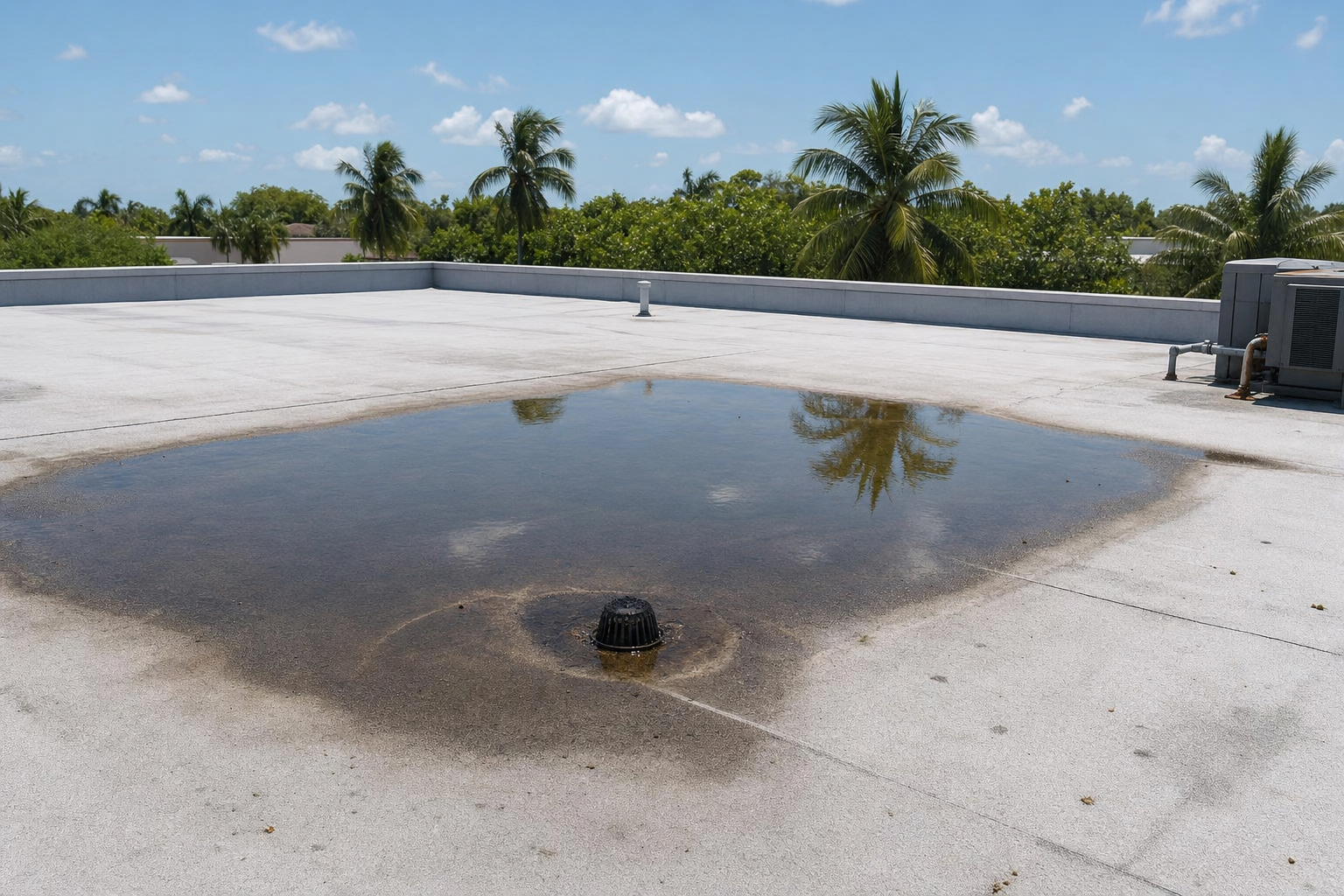 fotografía realista de un techo comercial plano en el sur de Florida con área de agua estancada cerca de un drenaje, luz clara de mediodía, sin personas, sin texto en la imagen
