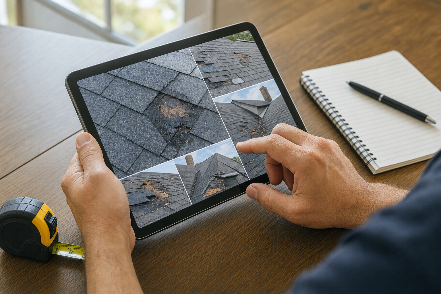 toma realista de manos revisando fotos de daño de techo en una tableta junto a una libreta y una cinta métrica sobre una mesa, luz natural, ambiente profesional, sin texto visible