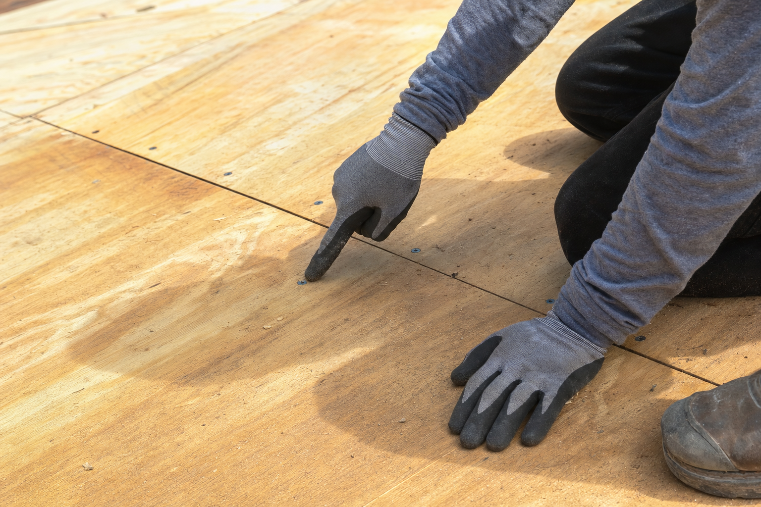 realistic close-up photo of a South Florida roof deck inspection in progress, gloved hands pointing to clean plywood decking and fastener locations, no faces visible, bright natural jobsite light, no text