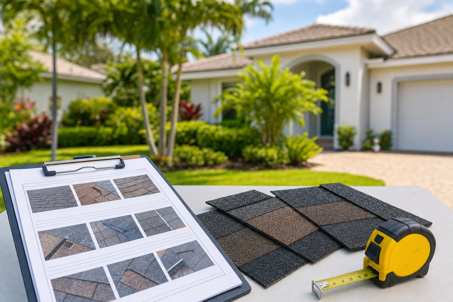 close-up documentary photo of roof inspection documentation on a clipboard beside shingle samples and a tape measure on a clean outdoor table, South Florida home blurred in background, no logos, no readable text