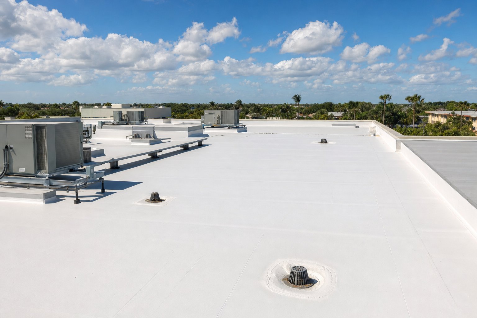 documentary photo of a white commercial flat roof in South Florida with drains and rooftop equipment visible, clean membrane surface, sunny sky, no workers, no text