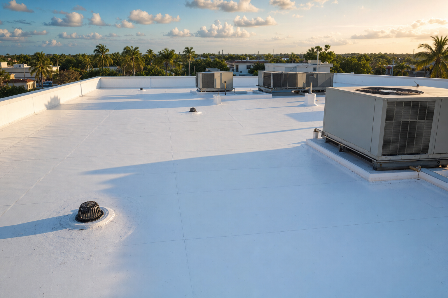 documentary photo of a South Florida commercial flat roof with clean white TPO membrane, rooftop HVAC units, visible drains, late afternoon light, no people, no text