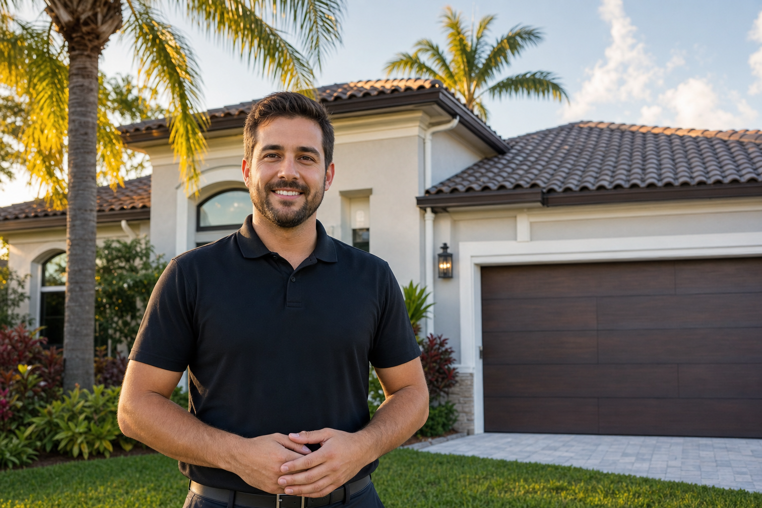 documentary medium shot of a Duke Contractors representative standing on the ground in front of a South Florida home, plain solid black polo with no visible logo or wordmark, professional approachable mood, late afternoon light