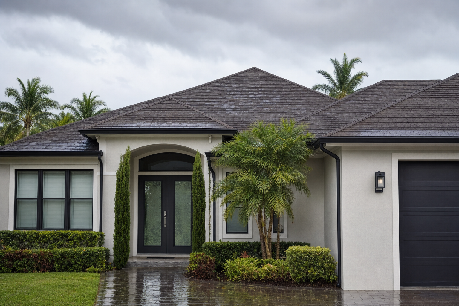 foto documental de una casa en Miami con techo de teja asfáltica después de lluvia intensa, cielo nublado, entrada limpia, sin personas, luz natural, sin texto visible