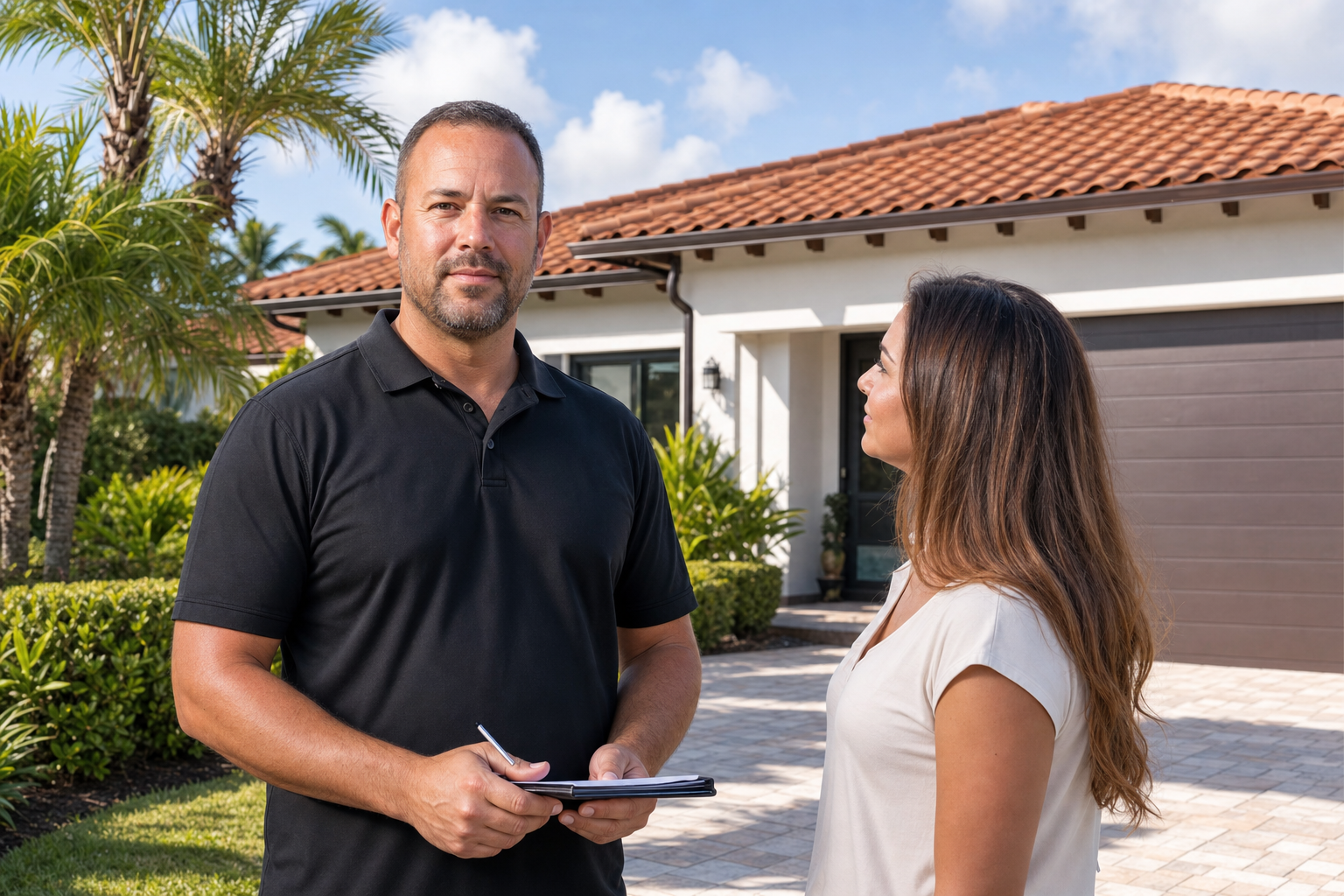 documentary medium shot of a roofing contractor standing on the ground in front of a Miami home with a homeowner nearby, plain solid black polo, no visible logo or wordmark, chest fully visible facing camera, calm afternoon light, professional local service mood