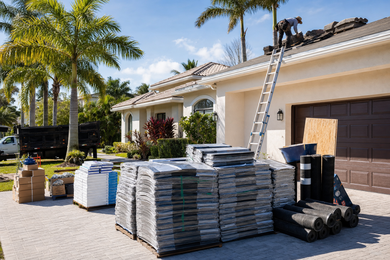 documentary photo of a South Florida residential roof replacement staging area with roofing materials neatly stacked on a driveway, palm trees and stucco home in background, bright morning light, realistic professional jobsite, no text