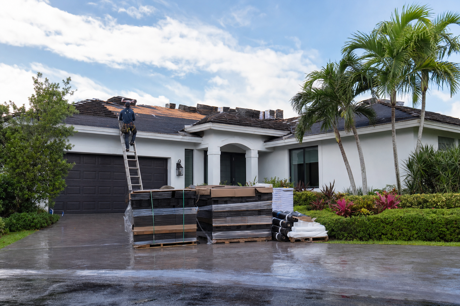 foto documental de una casa en Miami con techo residencial en proceso de reemplazo, materiales ordenados en la entrada, cielo claro después de lluvia tropical, luz natural, sin texto visible