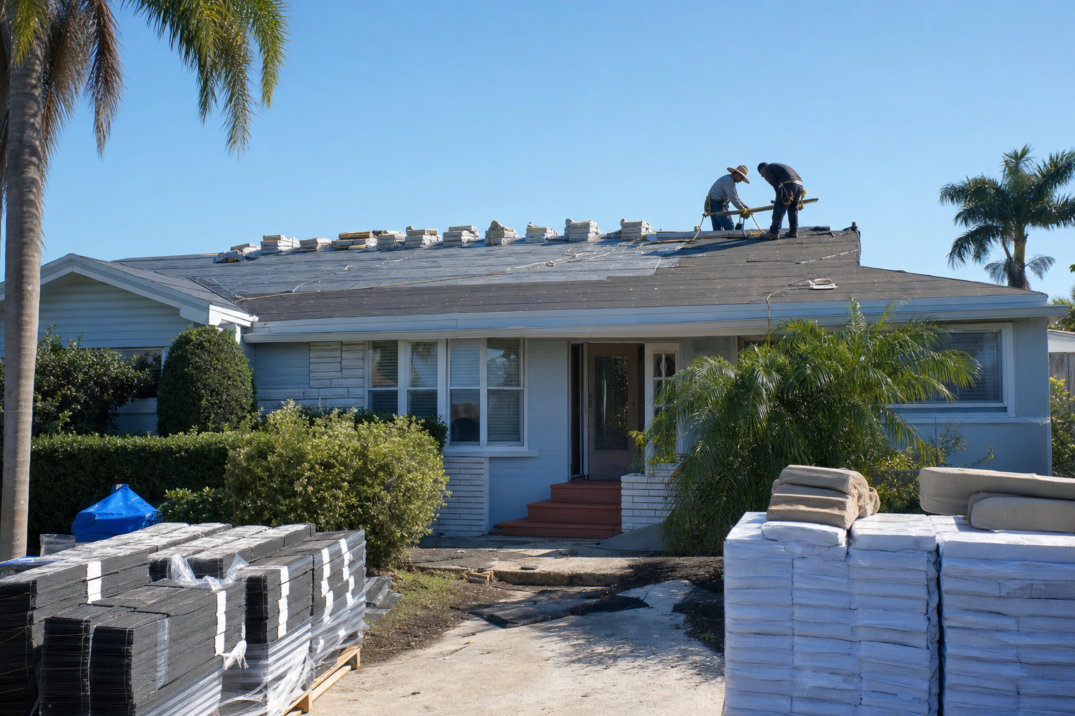 foto documental de una casa en Miami con techo de teja asfáltica en proceso de reemplazo, materiales ordenados en el patio, cielo claro de mañana, aspecto profesional y realista, sin texto visible
