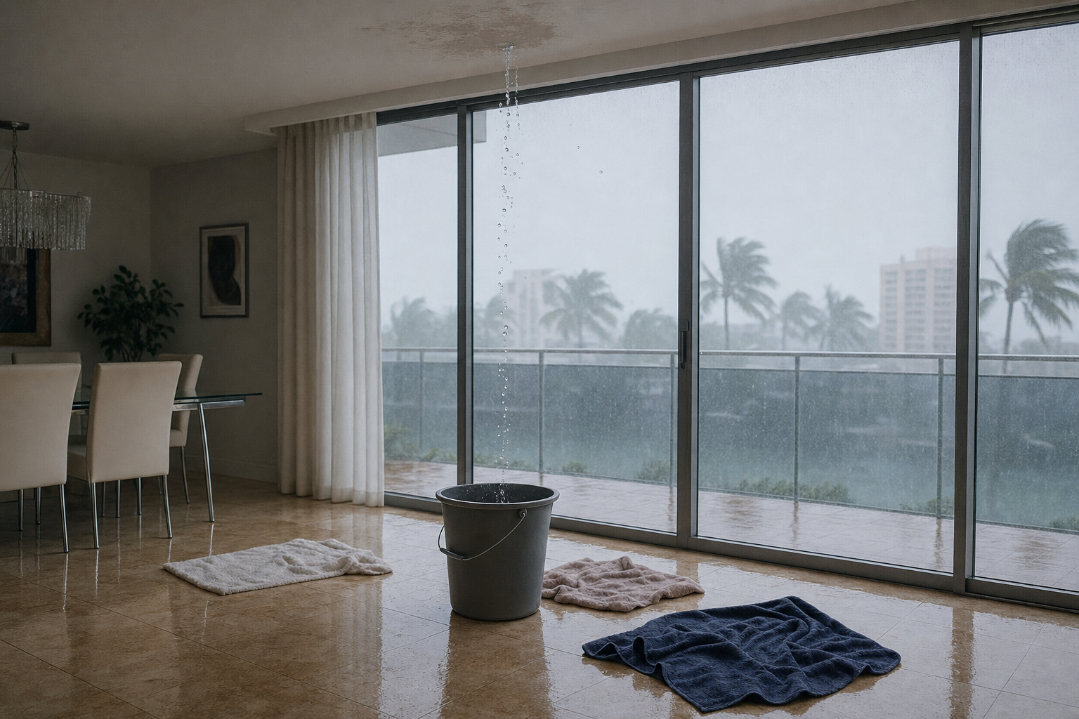 documentary photo from inside a Miami home during heavy rain, ceiling leak dripping into a bucket, towels on tile floor, natural storm light, realistic and calm, no text