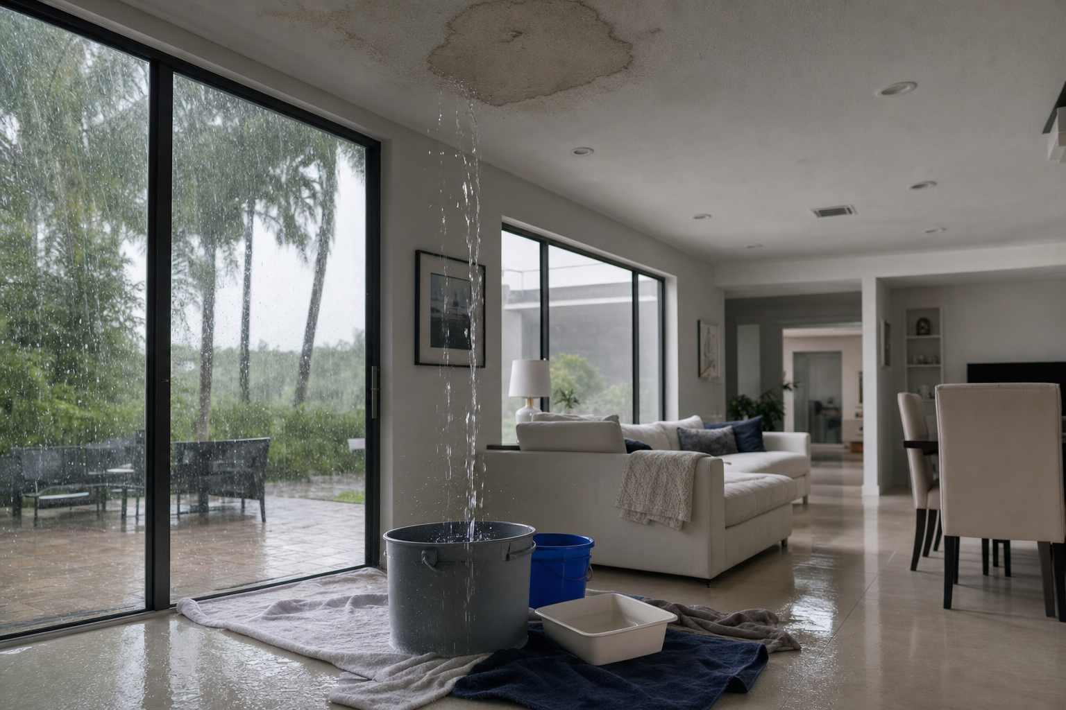 foto documental de una casa en Miami bajo lluvia fuerte, agua entrando por una mancha en el techo interior, cubetas y toallas colocadas con orden, luz natural gris, ambiente urgente pero calmado, sin texto en la imagen