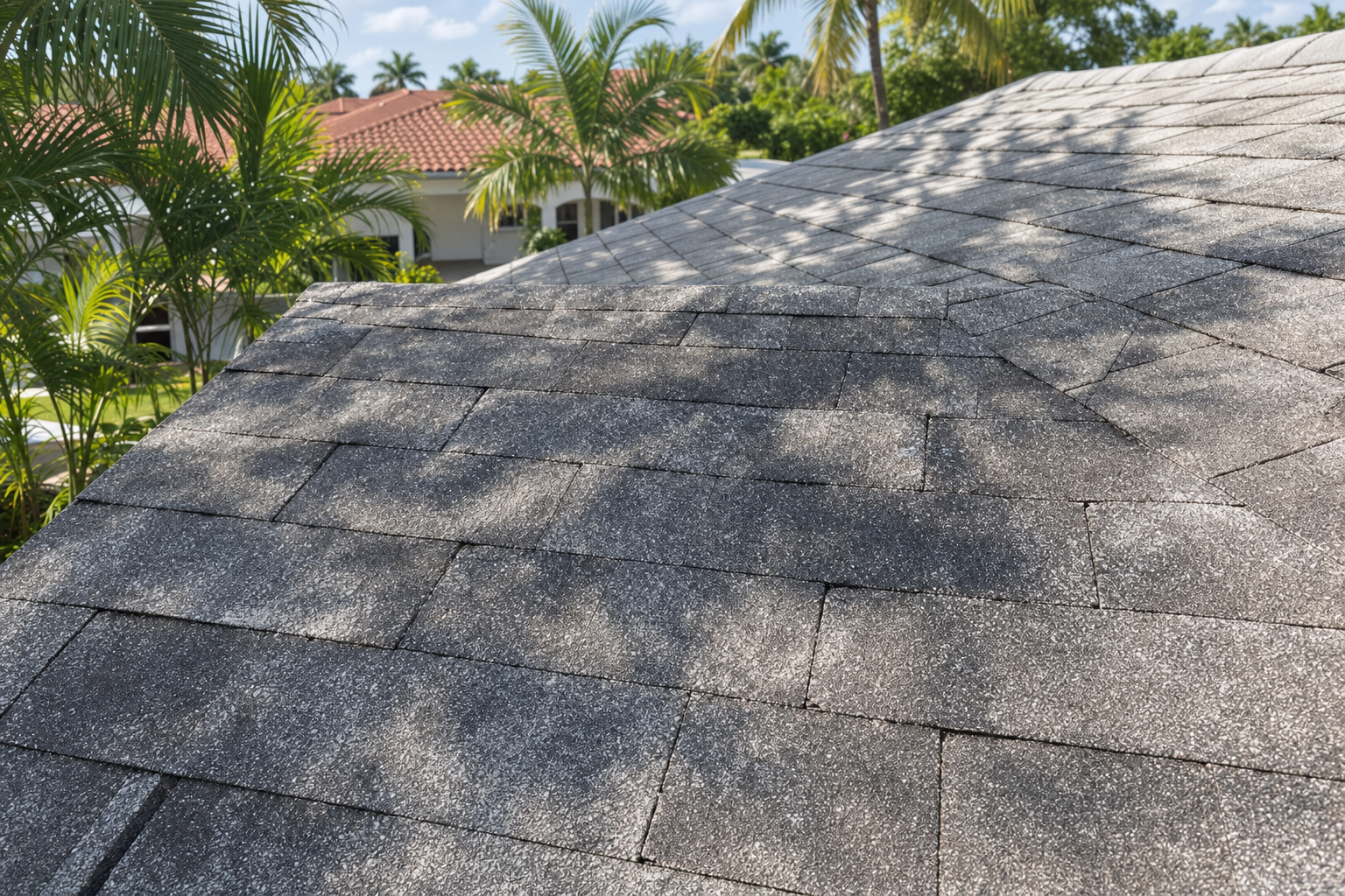 documentary photo of an older South Florida asphalt shingle roof on a Miami home, close view of weathered shingles under bright morning sun, palm shadows, no people, no text