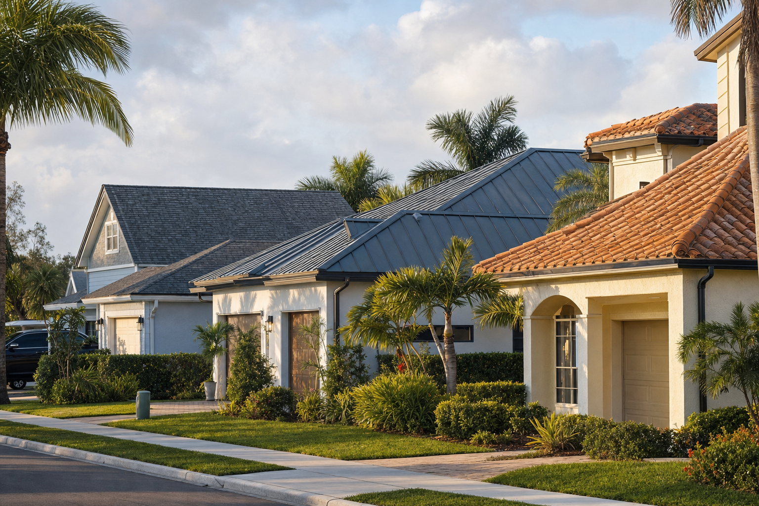 documentary photo of a South Florida residential street showing tile, metal, and shingle roof styles in warm afternoon light, tropical landscaping, realistic architectural detail, no text