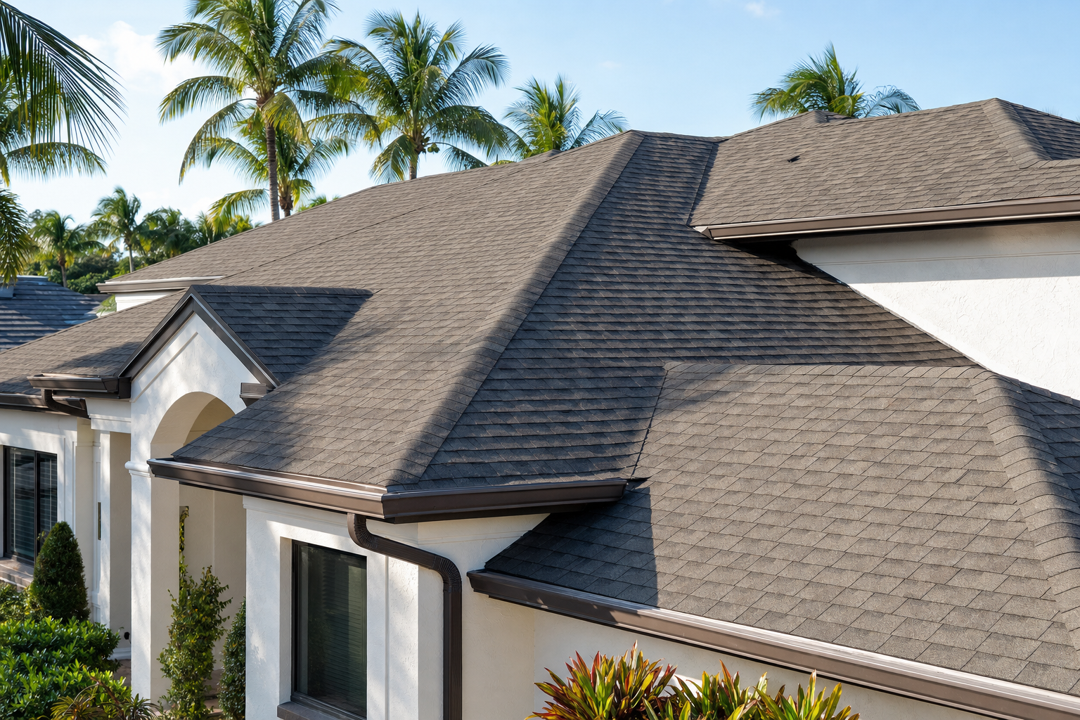 documentary photo of a South Florida architectural shingle roof on a Miami stucco home, bright morning sun, palm trees in background, crisp rooflines, realistic residential roofing detail, no text