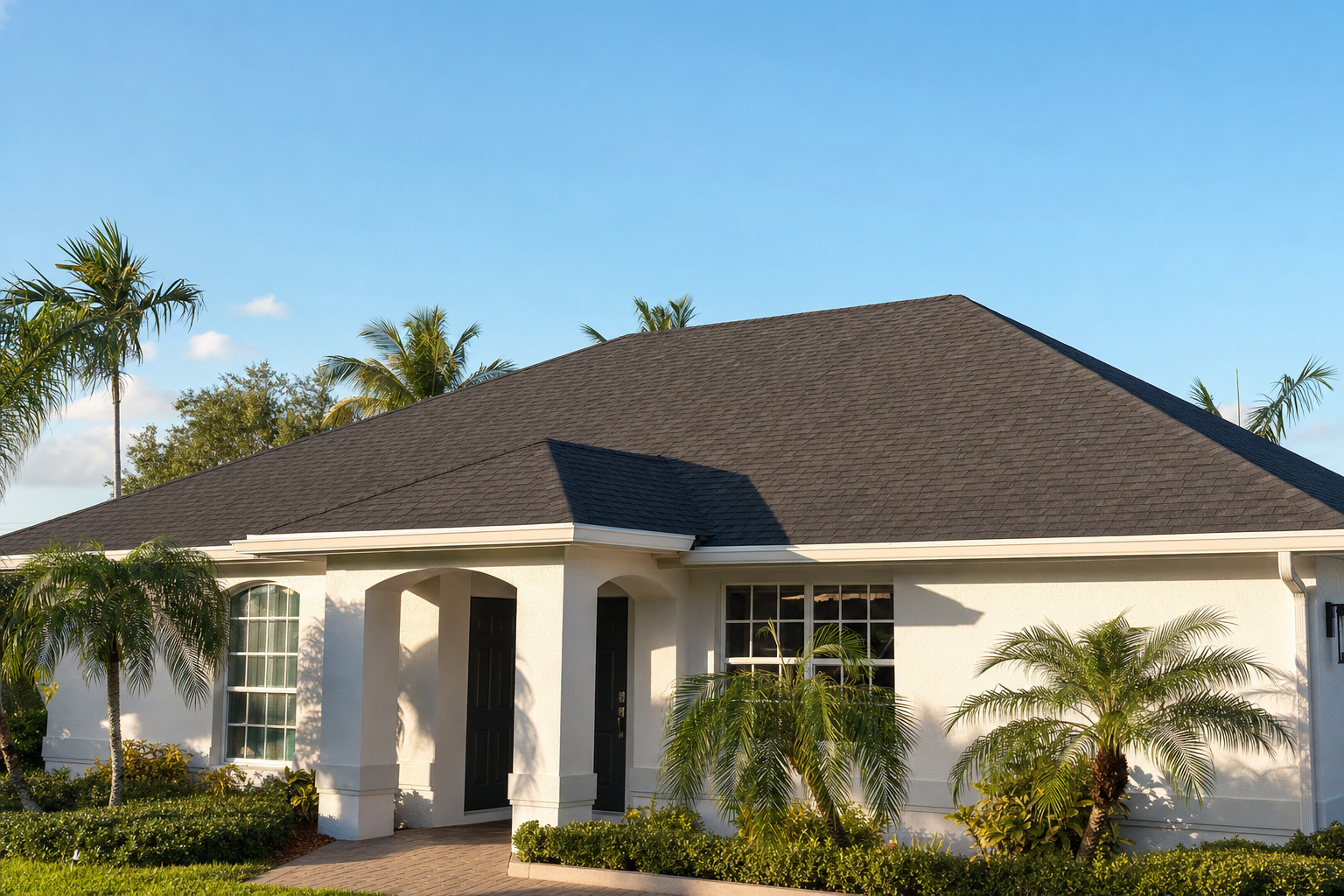 foto documental de una casa del sur de Florida con techo de tejas asfálticas recién instalado, cielo azul, palmeras discretas, luz cálida de tarde, sin texto ni logotipos