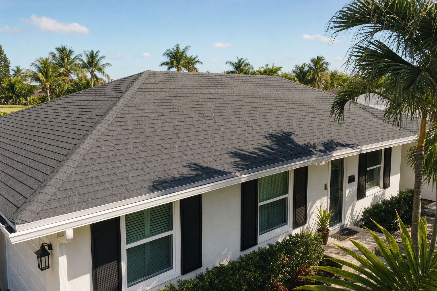 documentary photo of a South Florida architectural shingle roof on a Miami ranch-style home, bright sun, palm shadows, clean rooflines, realistic residential setting, no text