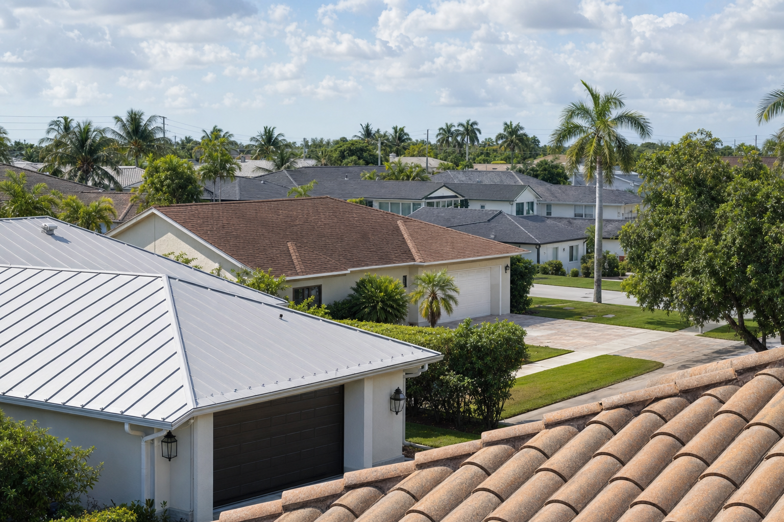 documentary photo of a South Florida residential street showing tile, metal, and asphalt shingle roofs under bright humid afternoon light, realistic architecture, no text
