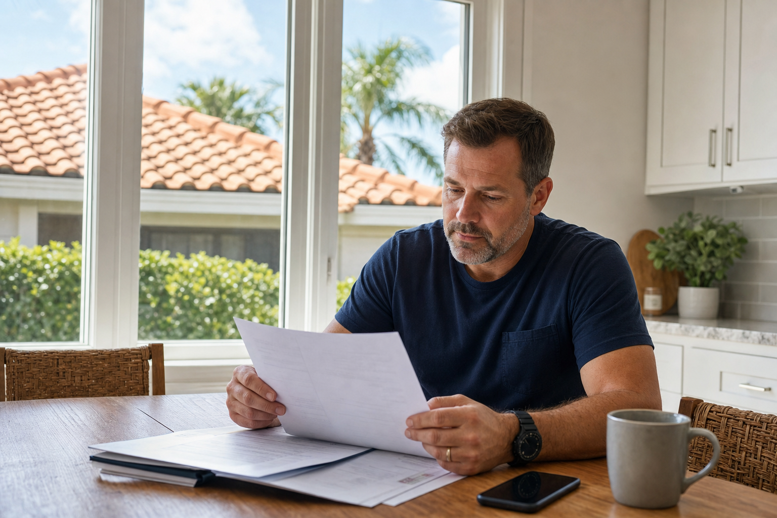 documentary photo of a South Florida homeowner reviewing roof financing paperwork at a kitchen table with a tile roof visible through the window, natural morning light, realistic and calm, no text on image