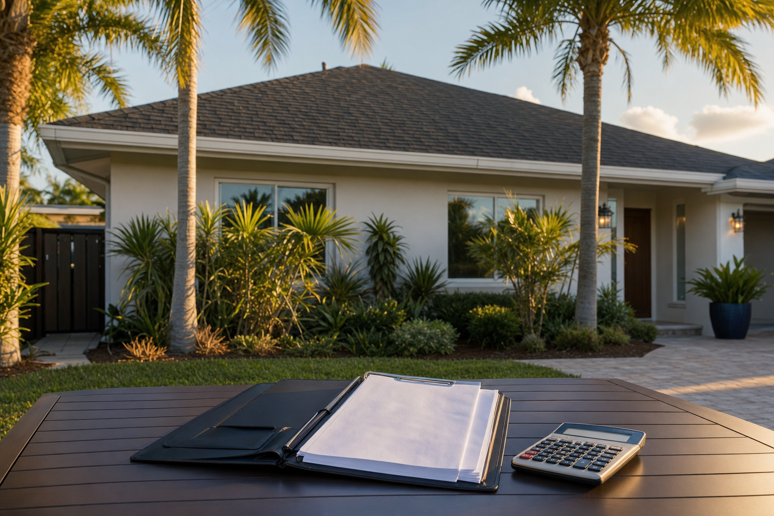 foto documental de una casa en Miami con techo de teja asfáltica bajo luz cálida, carpeta de cotización y calculadora sobre una mesa exterior, ambiente claro y profesional, sin texto visible