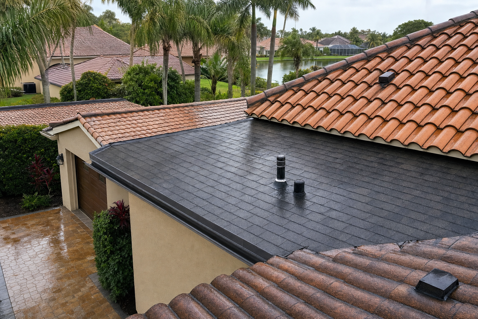 documentary photo of a South Florida home roof with mixed tile and asphalt roofing after a rainstorm, clean daylight, no workers, realistic residential neighborhood, no text