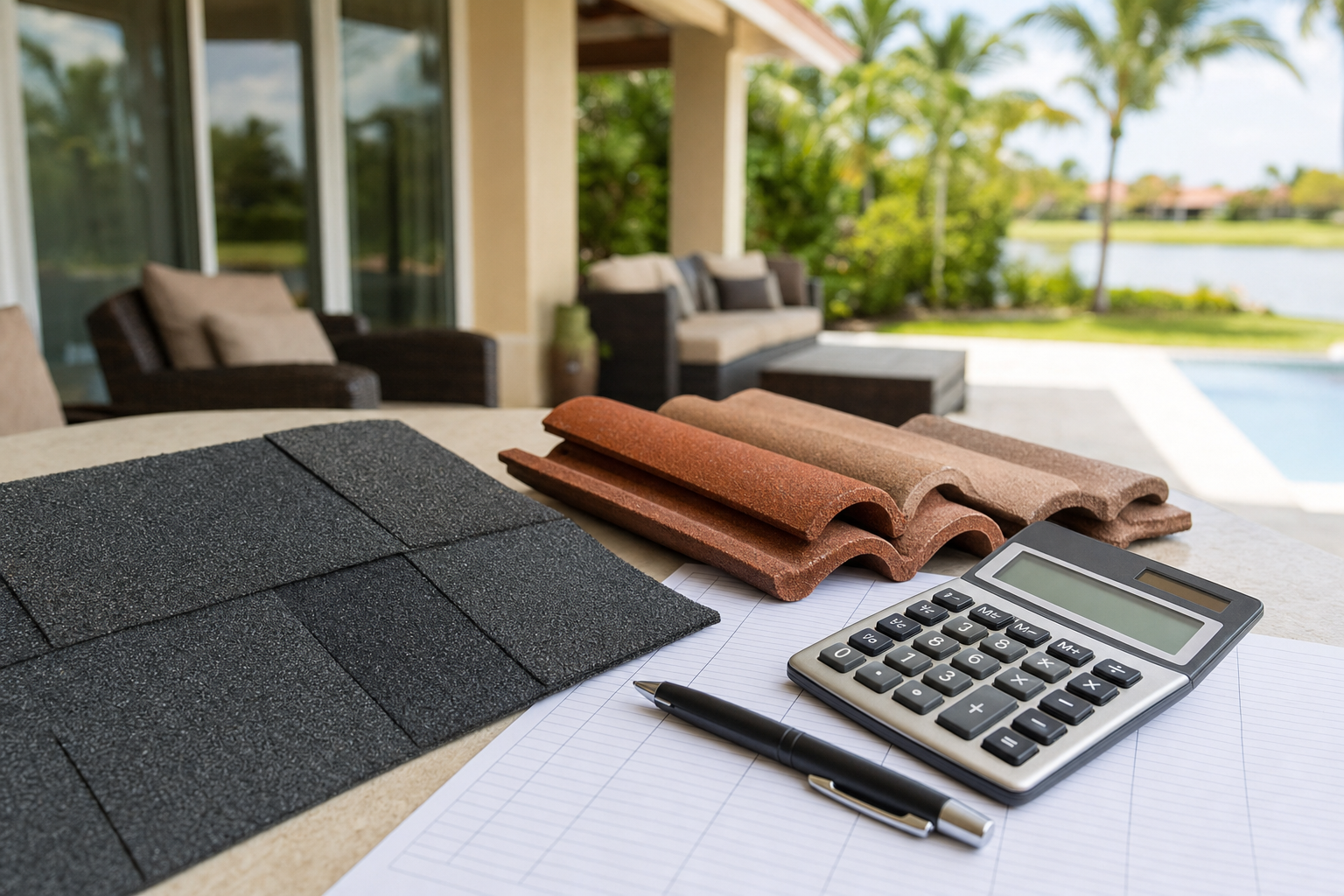close-up documentary photo of asphalt shingles, tile roofing samples, and a calculator on a contractor estimate sheet, South Florida home patio setting, soft daylight, no visible text
