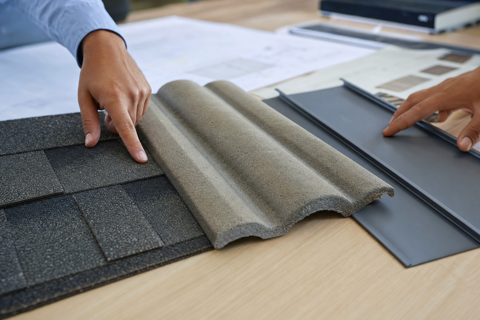 primer plano realista de muestras de teja asfáltica, teja de concreto y panel metálico sobre una mesa de trabajo, manos señalando opciones de materiales, luz de oficina, sin logotipos ni texto visible