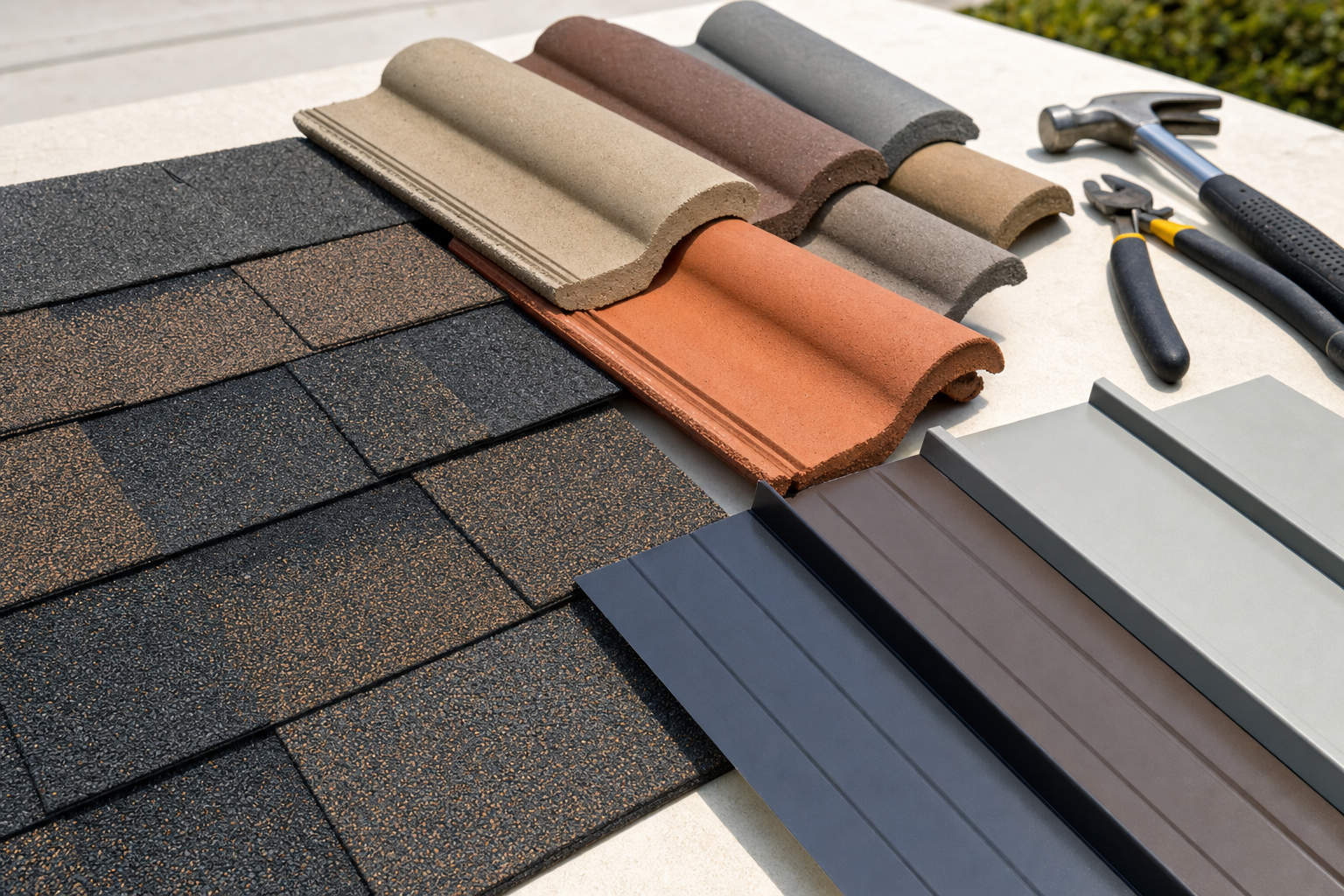 close-up documentary photo of asphalt shingles, tile samples, and metal roofing samples laid on a clean work table beside roofing hand tools, bright natural South Florida light, no people, no text