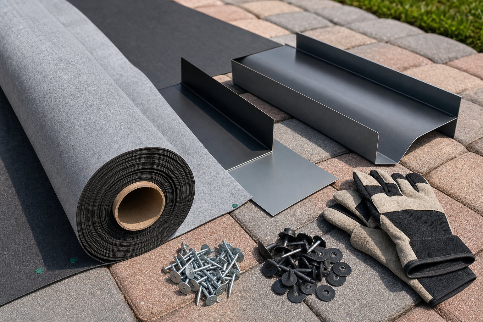 close-up documentary photo of roofing underlayment, flashing pieces, fasteners, and work gloves arranged on a clean South Florida driveway before installation, bright natural light, no people, no text