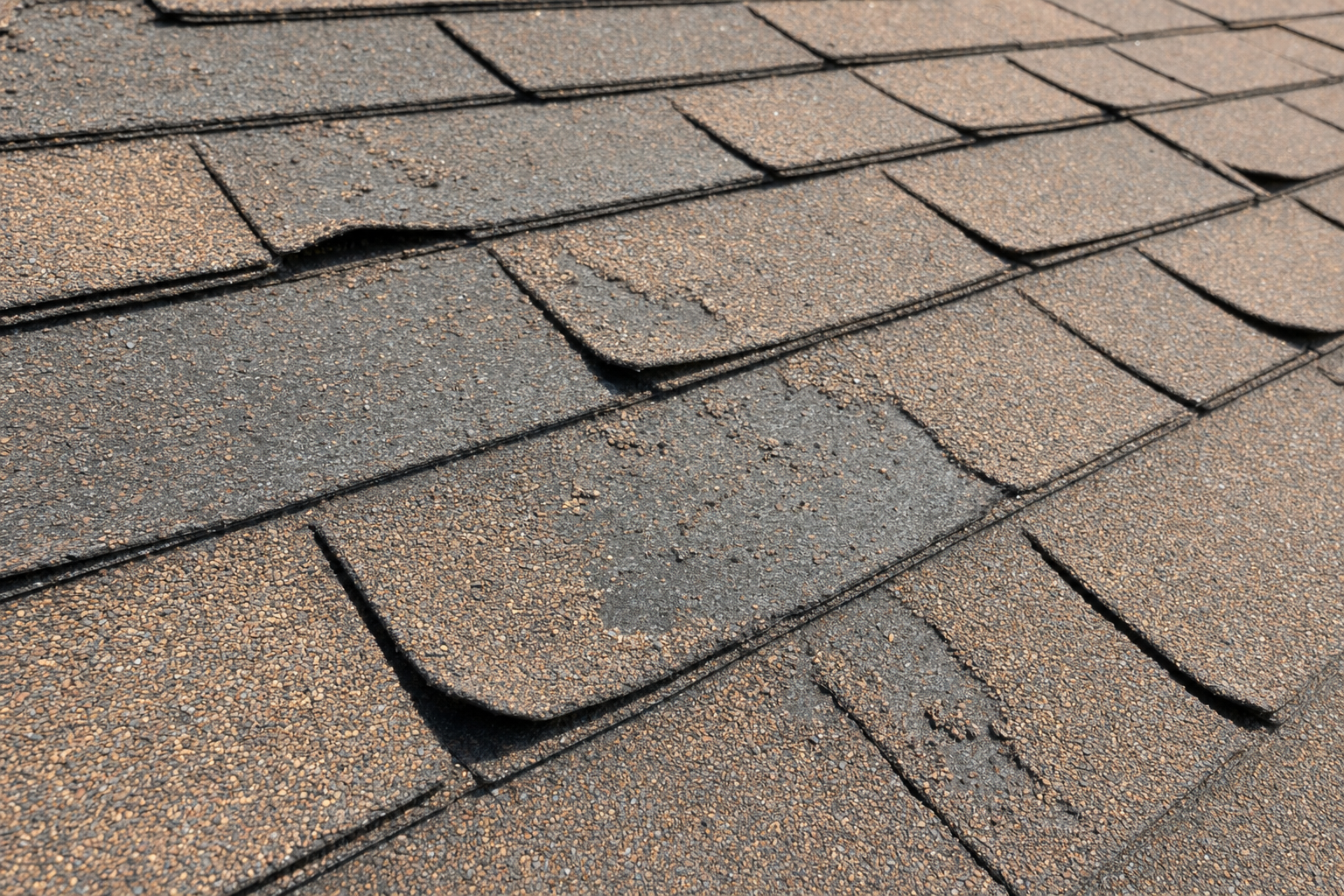 close-up documentary photo of granule loss and lifted edges on an aging asphalt shingle roof in South Florida sunlight, roofing inspection context, no people, no text