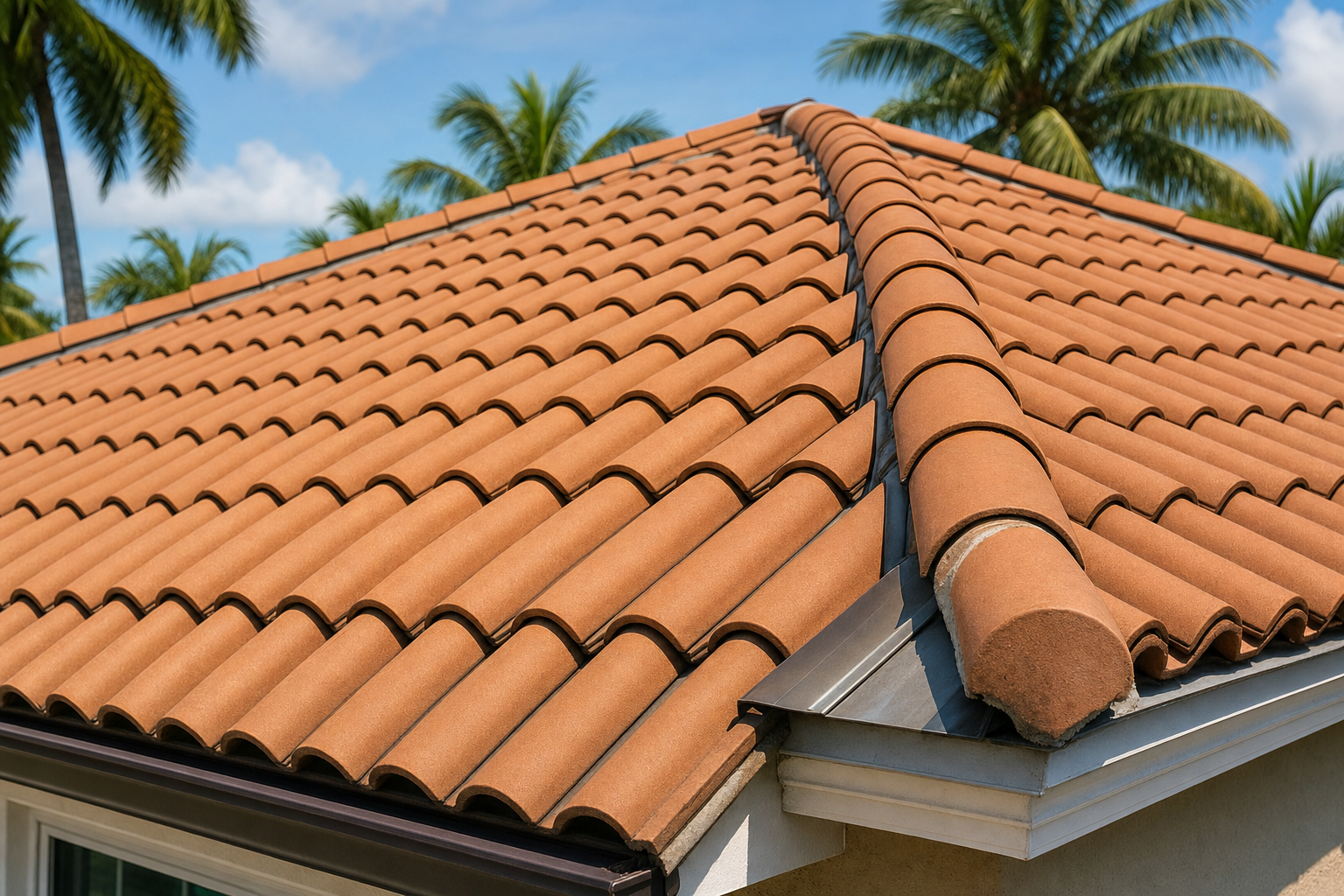 close-up documentary photo of clean barrel tile roofing on a Miami home, visible ridge detail and flashing, bright natural daylight, no workers, no text