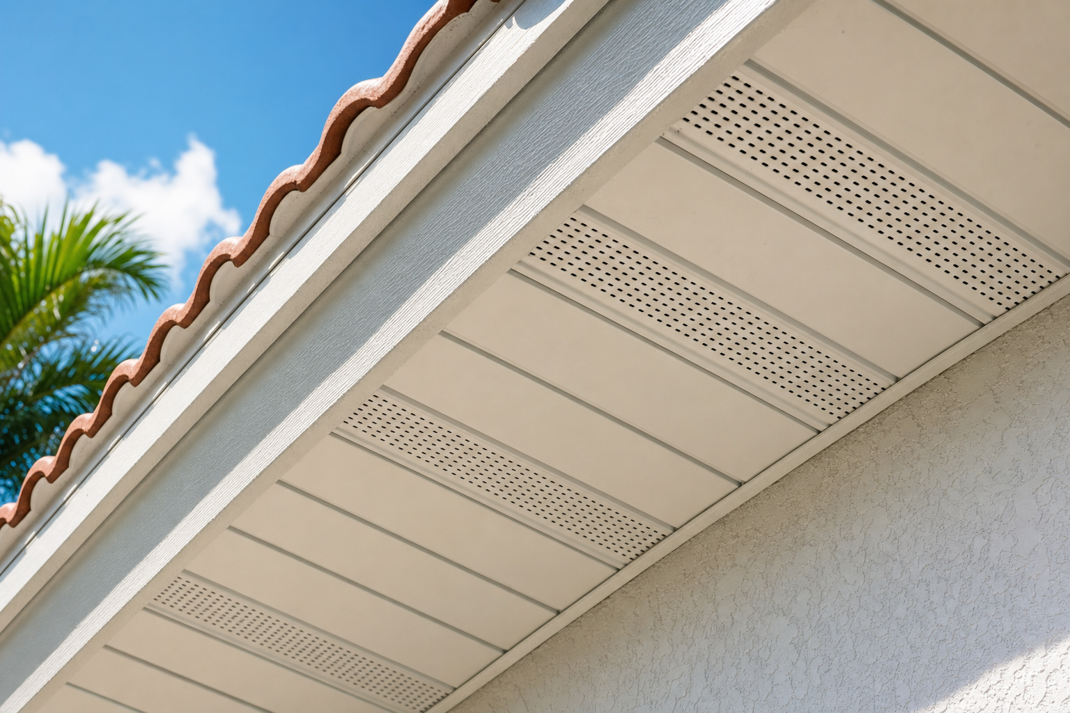 close-up documentary photo of clean soffit vents beneath a Miami home roof overhang, bright daylight, stucco wall, realistic detail, no people, no text