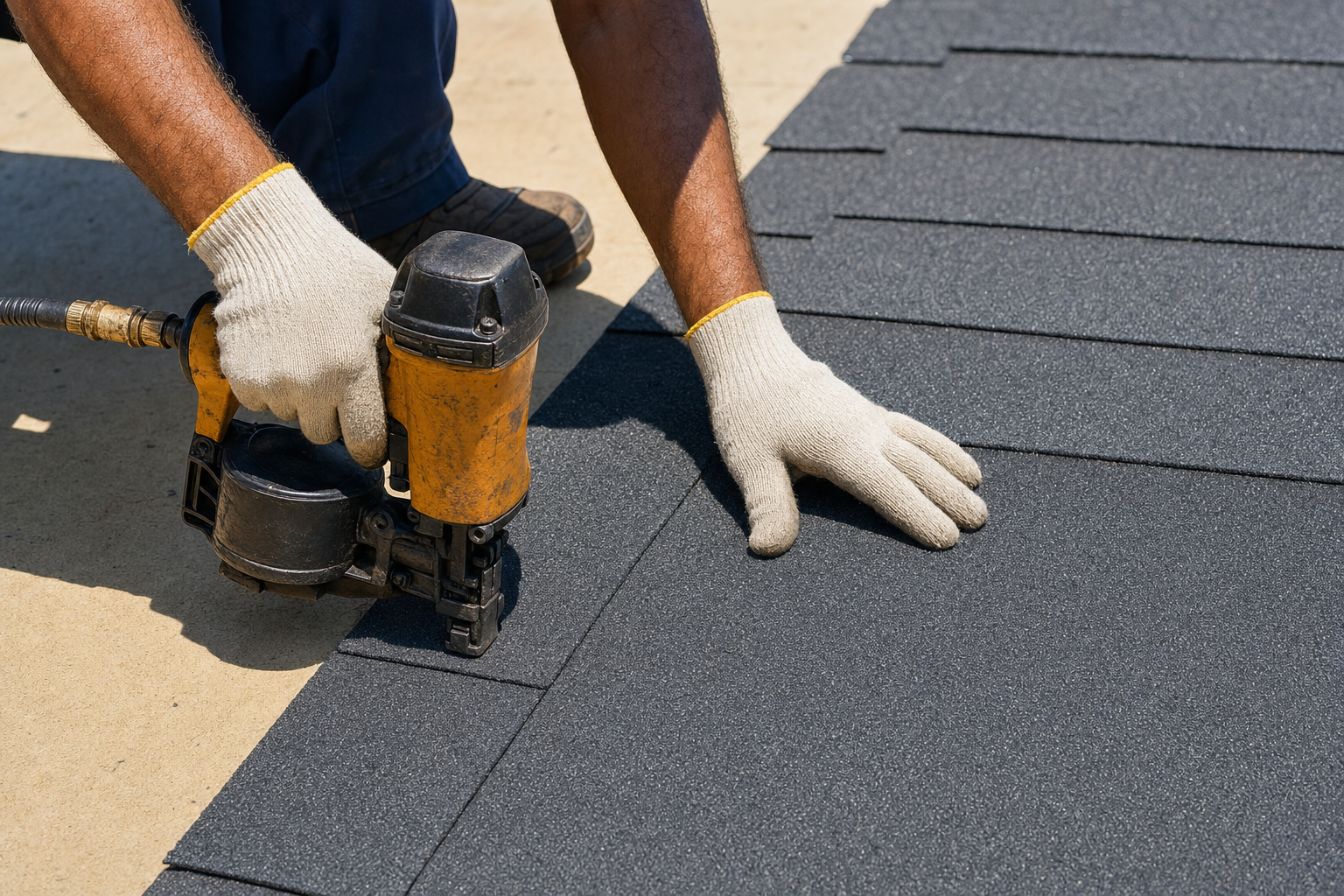 close-up documentary photo of architectural asphalt shingles being fastened on a clean roof deck, gloved hands and roofing nailer visible, safe cropped work-detail composition, bright South Florida daylight, no logos, no text