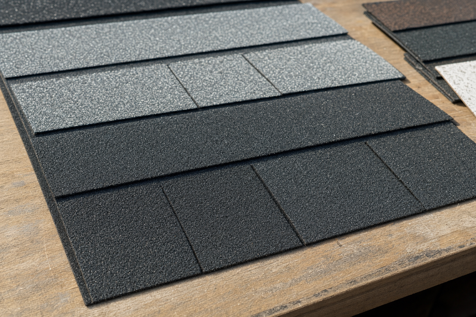acercamiento realista de tejas asfálticas arquitectónicas sobre una mesa de trabajo, textura granulada visible, muestras de color oscuro y gris, luz natural, sin texto ni logotipos