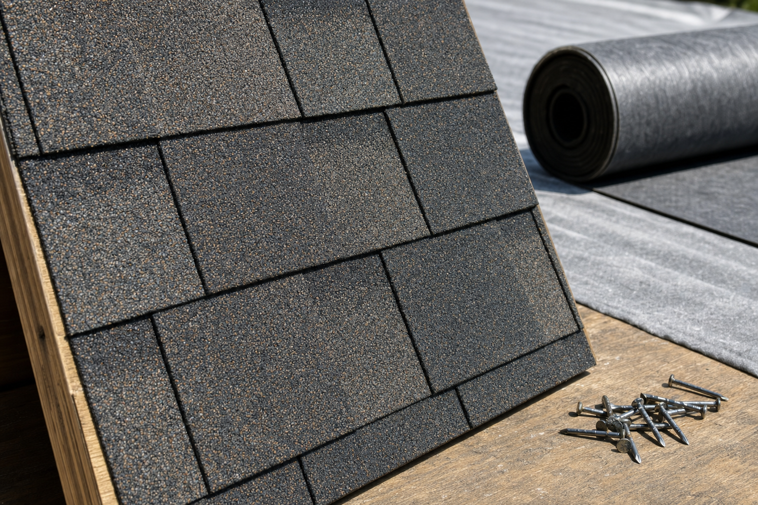 close-up documentary photo of CertainTeed-style architectural asphalt shingle texture on a roofing sample board beside roofing nails and underlayment, sunny outdoor work table, no logos, no text